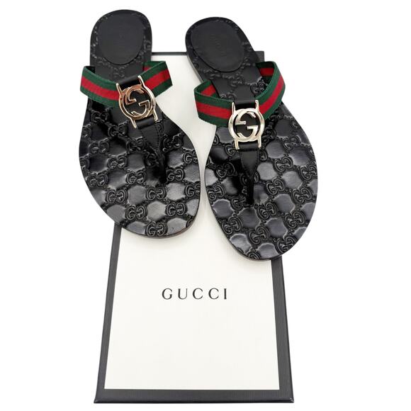 Gucci Shoes - Gucci Interlocking GG Thong Sandal Black Leather Flat Flip Flop Slide EU 39 US 9